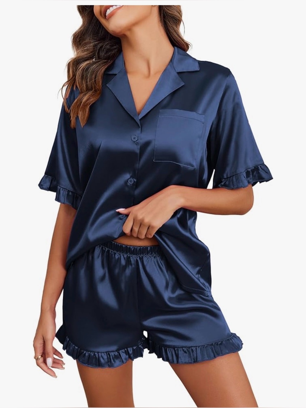 Blue Satin Button Down Pajama Set in Blue Size Small